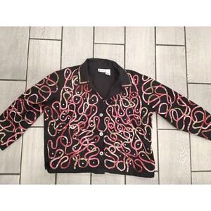 Units Woman Black Cotton Ribbon Applique Sequin Button Up Shirt Jacket Plus 1X